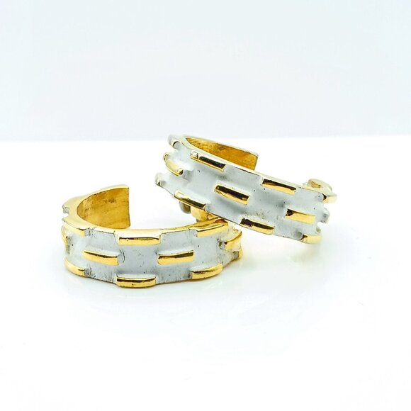 Fabulous Napier Mod Hoop Earrings, Gold Tone and White Enamel 1973, Francis Fuji - Picture 2 of 5